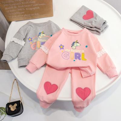 China 2023 New Breathable Baby Lace Unicorn Print Love Patch Fall Winter Girls' Long Sleeve Clothing Sets for sale