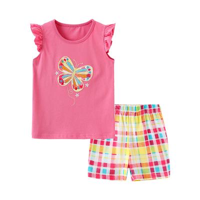 China High Quality Washable Ruffle Pink T-shirt Tops And Plaid Short Pants Babies Clothes Sets for sale