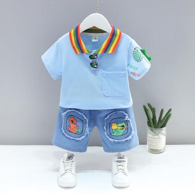 China New Cute Rainbow Baby Boys Clothing Sets Casual Polo Collar Dinosaur Print Denim Shorts For 3-4 Years for sale