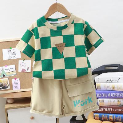 China 2023 New Summer Style Little Boy Casual Suit O-Neck Plaid Shirt Boys Clothes Short Set for sale