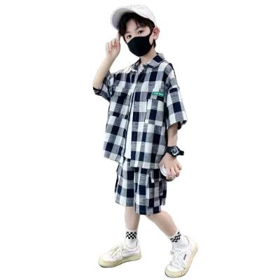 China 2023 New Style Casual Boys Plaid Shirt Turn-Down Collar Shorts Sheath Boys Sportswear for sale