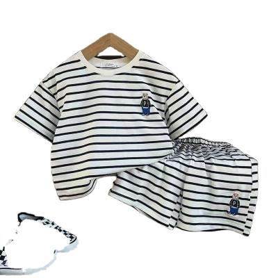 China New Style 2023 Summer Casual Shirt Stripe O-Neck Short Sleeve Printed Boys Casual Clothing Set for sale