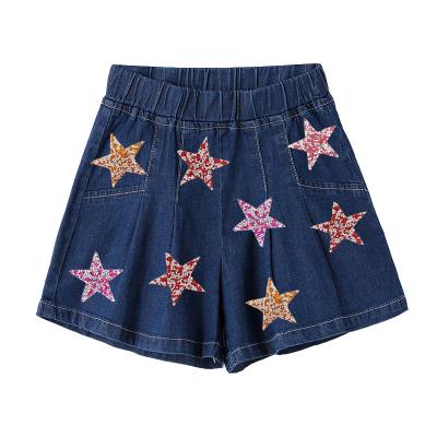 China Anti-wrinkle boutique high quality summer patch custom kids girls denim shorts sequined for 2-10 years for sale