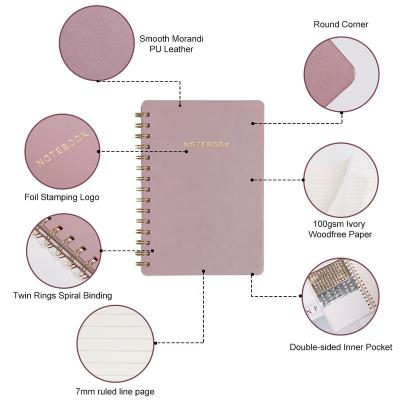 China Morandi 100gsm Morandi A5 Spiral Ready Made Paper Custom Leather Bound College Ordered Notebook for sale