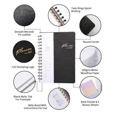 China Black Spiral Wire-O Leather Binding PU Office Supplies Business Notebook Undated Planner for sale