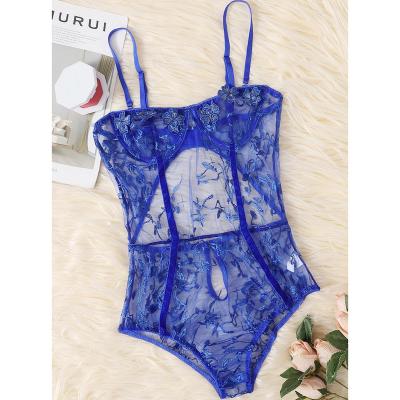 China 2021 Hot Selling Spandex/Polyester Mesh Transparent Sexy V-Neckline Applique Women's Sexy Underwear Teddy Bodysuit for sale