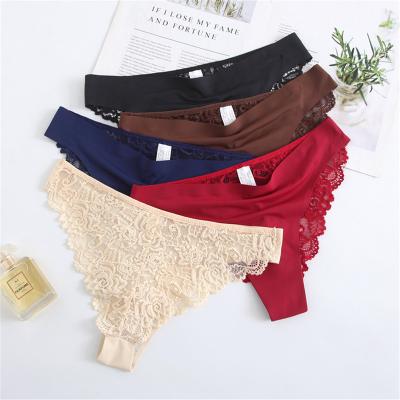 China Japanese style panties anti-static sexy ice silk stitching floral lace thongs traceless panties low waist underpants for sale