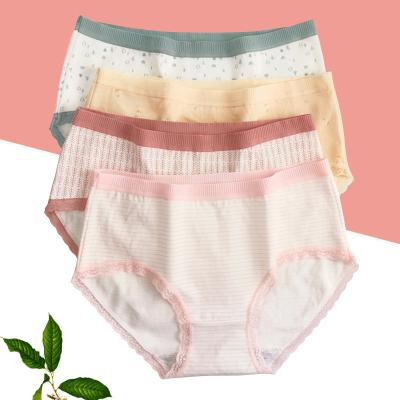 China Cheap Price Antibacterial Cotton Briefs For Young Women Girls Asian Body Shape Lace Trim Floral Striped Panties Mid Waist Cotton Panties for sale