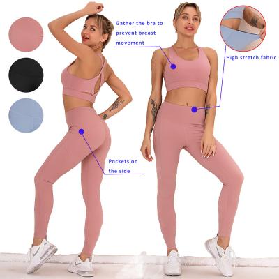 China Breathable Gym Fitness Workout Activewear Sets For Women High Stretch Yoga Gaiters Shaping Pants And Sports Gather Bra 2 Piece Sets for sale