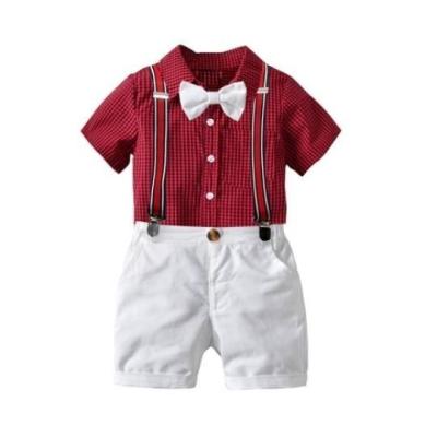 China Casual Factory Wholesale Boys Cotton Plaid Short Sleeved Shorts Back Suit Shirt Strap New Ins Baby Gentleman's Dress for sale