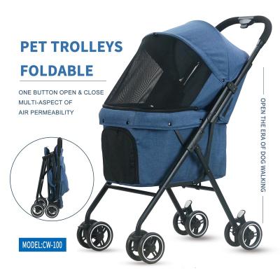 China Breathable One-Hand Easy Fold Pet Stroller Carrier 4 Wheels Luxury Dog CAT Travel Trolleys for sale