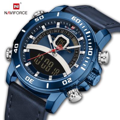 China NAVIFORCE 9181L Calendar Watches Dual Display Quartz Wristwatches Leather Strap Analog Full LCD Digital Men's Watches for sale