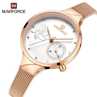 China Full Calendar Naviforce 5001S RGWRG Stainless Steel Watch Bands Milanese Cherry Blossard Quartz Watch 3ATM Waterproof Ladies Watch for sale