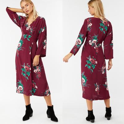 China Summer Women Hot Sale Clothes Long Sleeve Print Wrap Maxi Dress Beach Women for sale