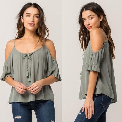 China Frauen Kalt Schulter V Hals Rayon Bluse zu verkaufen