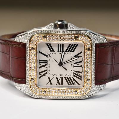 China Unisex Gold Stainless Steel Watch Iced Out Diamond Leather Band Moissanite Watch for sale