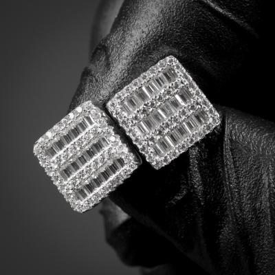 China Hiphop Hip Hop Iced Out 925 Sterling Silver Baguette Moissanite Screw Back Earrings for sale