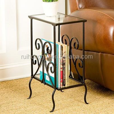 China Modern living room scrolled iron and magazine table sofa side glass table for sale