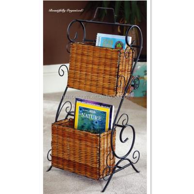 China RH-4470 Roll Foldable Two Tier Design Wicker Display Magazine Rack for sale