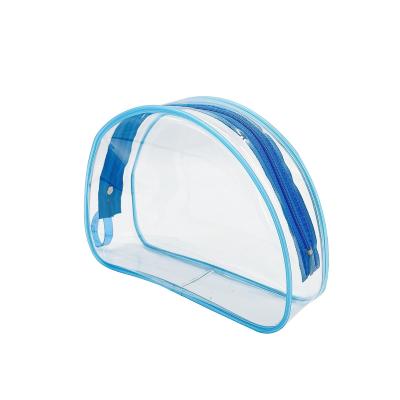 China Fashionable Clear PVC Or TPU Made Promotional Light Blue Cosmetic Gift Package Bag Piping Make Up Pouch With Private Label for sale