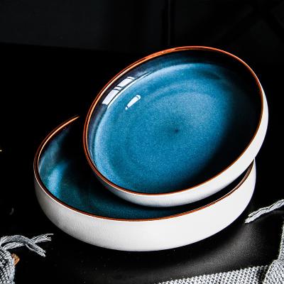 China 10 Inch Fruit Salad Bowl Fruit Tableware Sustainable European Dark Blue Deep Dish Ceramic Dinner Charger Dish for sale