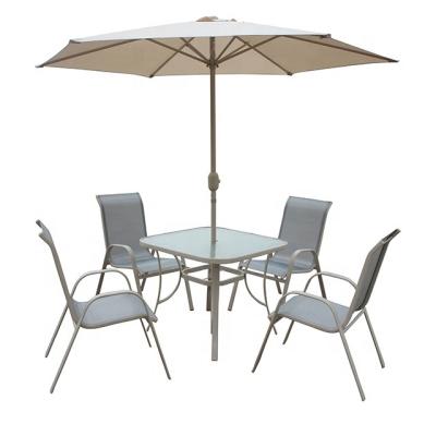 China Outdoor Weather Furniture Cheap Garden Sling Chair And Outdoor Table Dining Furniture Set With Umbrella for sale