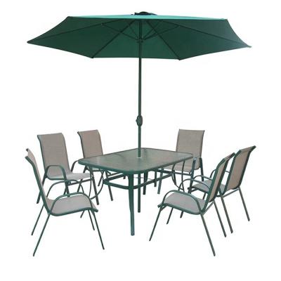 China Modern Promotion Outdoor Stackable Patio Dining Table and 6 Chairs Furniture Set with Umbrella for sale