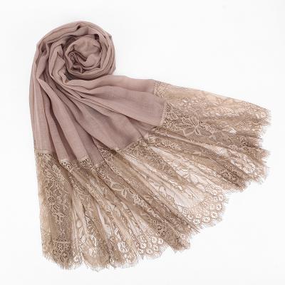 China Long Eyelash Lace Solid Color Cotton Wrap Scarf Soft Stitching Pashmina Shawl for sale