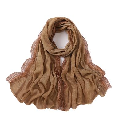 China New Polyester Wholesale Solid Color Scarf Shawl Malaysia Hijab With Lace Stone for sale