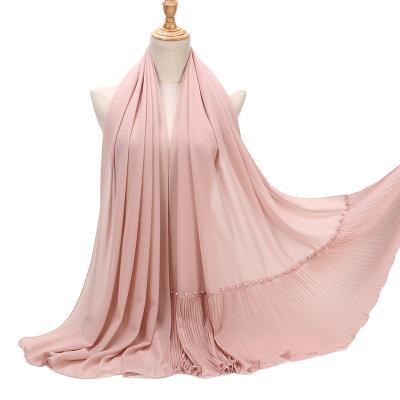 China Plain Pleated Chiffon Solid Color Chiffon Crepe Hijab Crinkle Scarf With Beads for sale