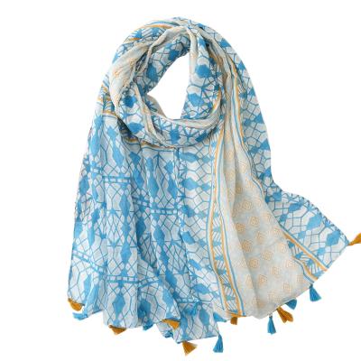 China Hot Sale Polyester Cotton Printed Shawl With Tassel Women Headscarf Hijab for sale