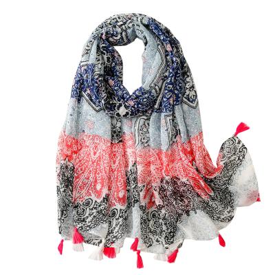 China Polyester Summer Hijab Shawl Cotton Tassel Scarf Lightweight Printed Soft Pashmina for sale