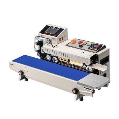 China Food Beijue Intelligence Industrial Continuous Tape Sealer Expiry Date Inkjet Printing Sealing Machine For Aluminum Foil Plastic Bag for sale