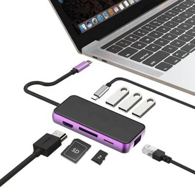 China Aluminum Alloy USB C Hub 8 in 1 with Type-C Multifunctional 4K HD+ Ethernet+USB 3.0+USB-C+SD/TF Card Port Adapter Hub for sale