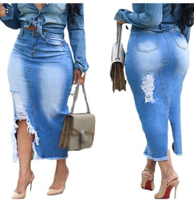 China 2022 Wholesale New Arrival Denim Breathable Mid Length Skirts Pencil Skirt Bodycon Waist Wrap Hollow Out Long Denim Skirts for sale