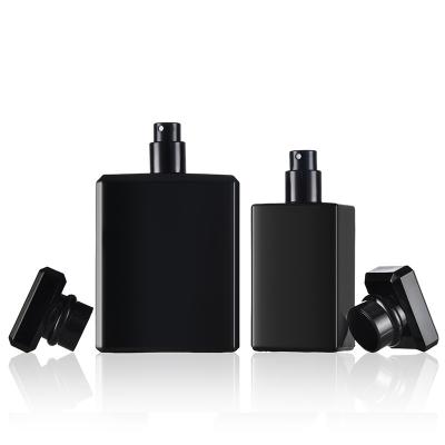 China Eco-friendly Recyclable Refillable 30ml 50ml 100ml Square Glass Perfume Bottle Black Flat Perfume Oil With Screw Cap for sale