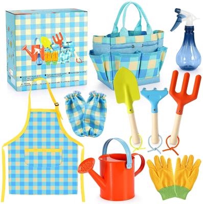 China Gardening/Beach Playing Wholesale 9 Pieces Kindergarten Tool Kit Toy With Tote Storage Bag Watering Can Shovel Rake Fork Apron for sale