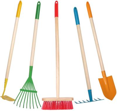 China Gardening/Beach Playing Rake Shovel Hoe Leaf Rake Broom 5 Piece Kids Yard Garden Tool Toy Made of Sturdy Steel Head and Real Wood Handle for sale