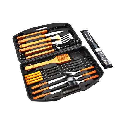 China Easily Cleaned Wooden Handle BBQ Set BBQ Tools Gift Set 18pcs Include Digital Thermometer Plastic Case Package for sale