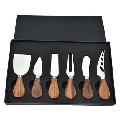 China Sustainable Acacia Wood Handle 6-Piece Cheese Knives Set Stainless Steel Cheese Knife Collection for sale