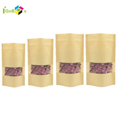 China Handmade Reusable Food Pouch Stand Up Zip Lock Kraft Paper Bags For Candy /Sweet/Tea/Dry Fruits With Window for sale