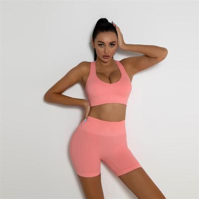 China 2021 Dropshipping Breathable Private Label Round Neck Sports Bra and High Waist Shorts 2 Piece Yoga Fitness Shorts Set Women's Activewear for sale