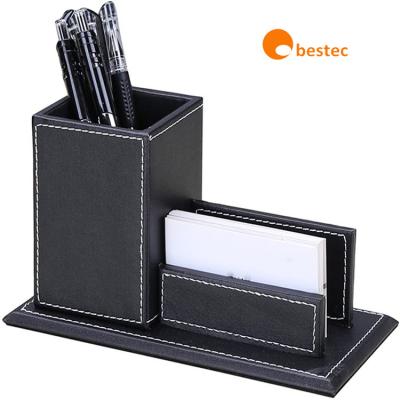 China Leather Organizer With Business Card Pen Holder Custom Black Brown PU Leather Desk Pen Holder for sale