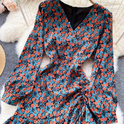 China Breathable French Western Style Light Cooked Style V-Neck Women Flower Print Long Sleeve Fishtail Casual Dress for sale