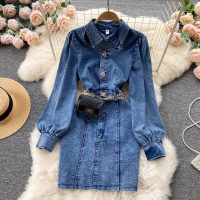 China Women Summer Girl Breathable Bag Hip Skirt Single Breasted Long Sleeve Hollow Out Button Up Denim Dresses for sale