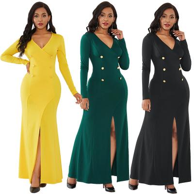 China Anti-Static Sheer Deep Sleeve Elegant Color V-Neckline V-Neckline Bodycon Dress Long Long for sale