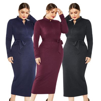 China 2021 ESD Collar Slim Fit Sleek Stands Plus Size 5xl Long Sleeve Mid Length Knitted Bodycon Dress For Fat Women for sale