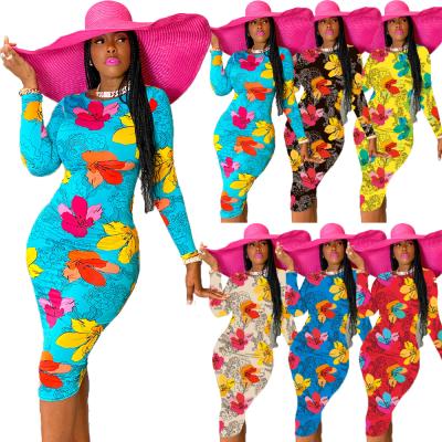 China Anti Static Women Round Neck Long Sleeve Milk Silk Floral Midi Bodycon Dresses for sale