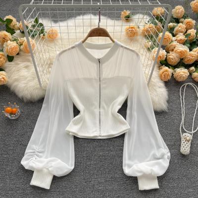 China Anti-wrinkle women french lantern soft sleeve western chic short zipper tops lace up chiffon blouse for sale