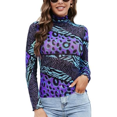 China Anti-Wrinkle Women's High Neck Printed Shirt Mesh Ruched Side Long Sleeve Top for sale